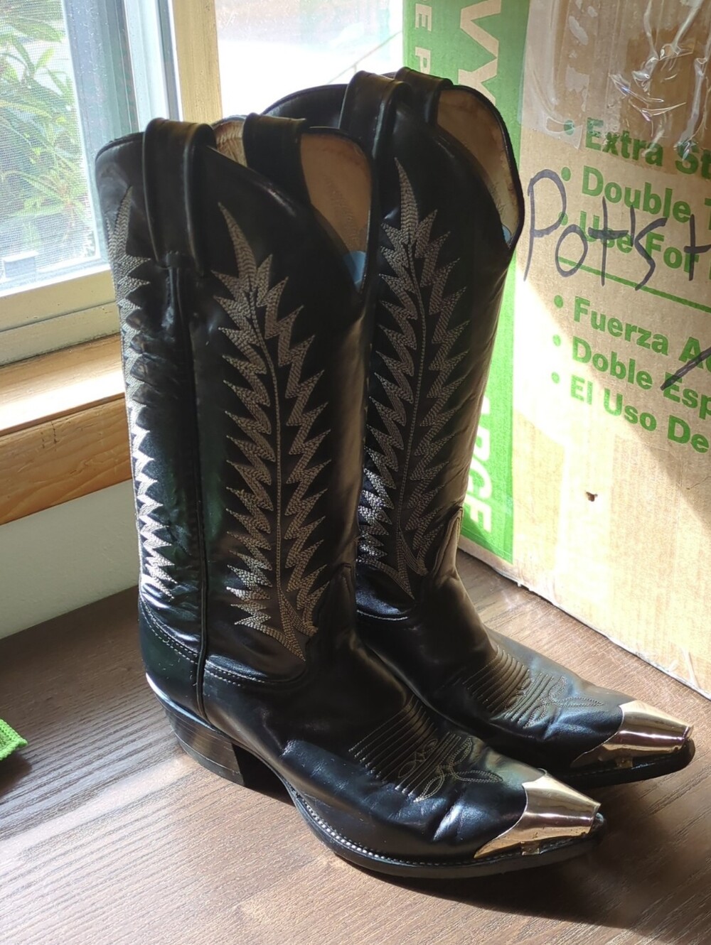 Tony Lama Black Leather Western Boots with Silver Toe Caps